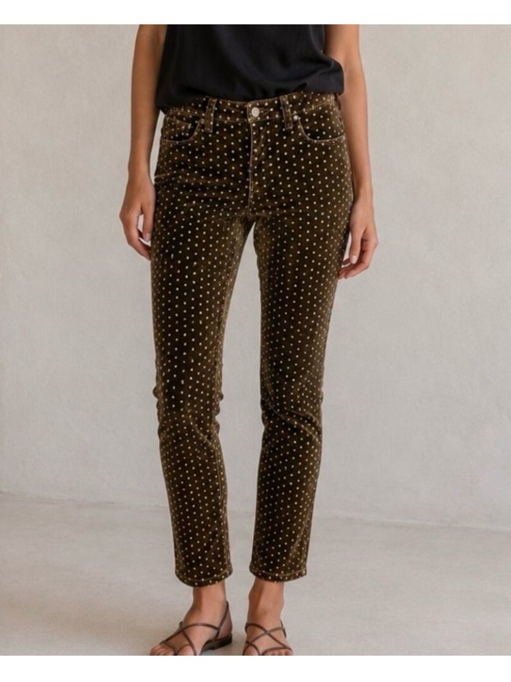 Free People Brown Velvet skinny Ankle Pants with Cream Polka Dots